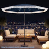 9-foot navy solar patio umbrella with 24 LED lights, featuring a push button tilt for optimal shade and boho tassel.