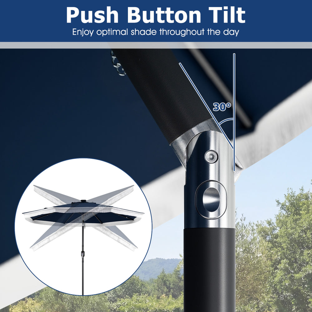Close-up of the push button tilt mechanism on a 9 feet navy solar patio umbrella for optimal shade adjustment.