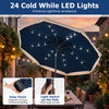 9 feet navy solar patio umbrella featuring 24 LED lights, push button tilt, and a vented top for optimal shade.