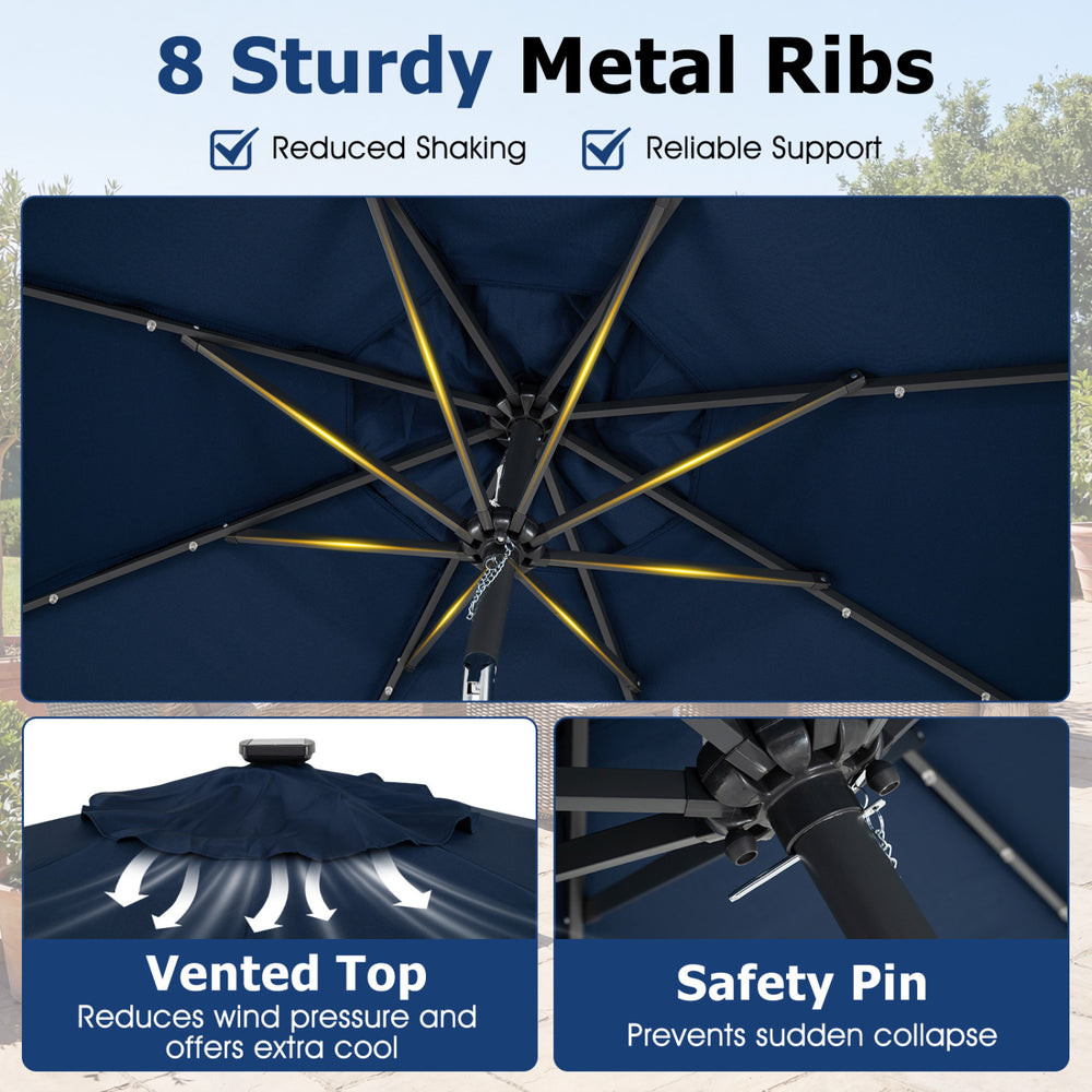 9 feet navy solar patio umbrella with 24 LED lights, featuring 8 sturdy metal ribs and a vented top for reduced wind.