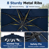9 feet navy solar patio umbrella with 24 LED lights, featuring 8 sturdy metal ribs and a vented top for reduced wind.