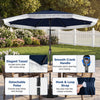 Navy 9 feet solar patio umbrella with elegant tassel, 24 LED lights, and smooth crank handle for easy opening.