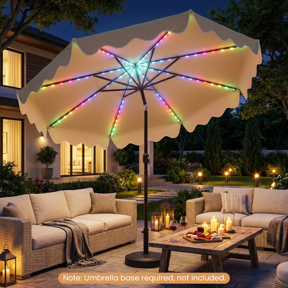 9 feet solar patio umbrella with color-changing LED lights, set up in a cozy outdoor seating area for evening ambiance.