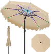 9 feet solar patio umbrella with color-changing LED lights, featuring a scalloped edge and a sturdy black pole.