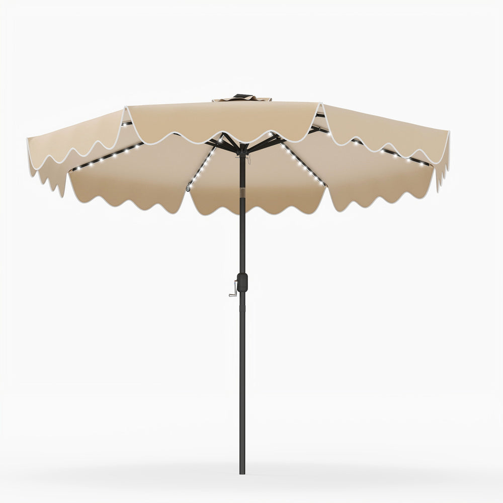 9 feet solar patio umbrella showcasing a beige canopy and elegant scalloped edge, perfect for stylish outdoor.