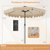 9-foot solar patio umbrella with color-changing LED lights, featuring dimensions and fixing strap for stability.