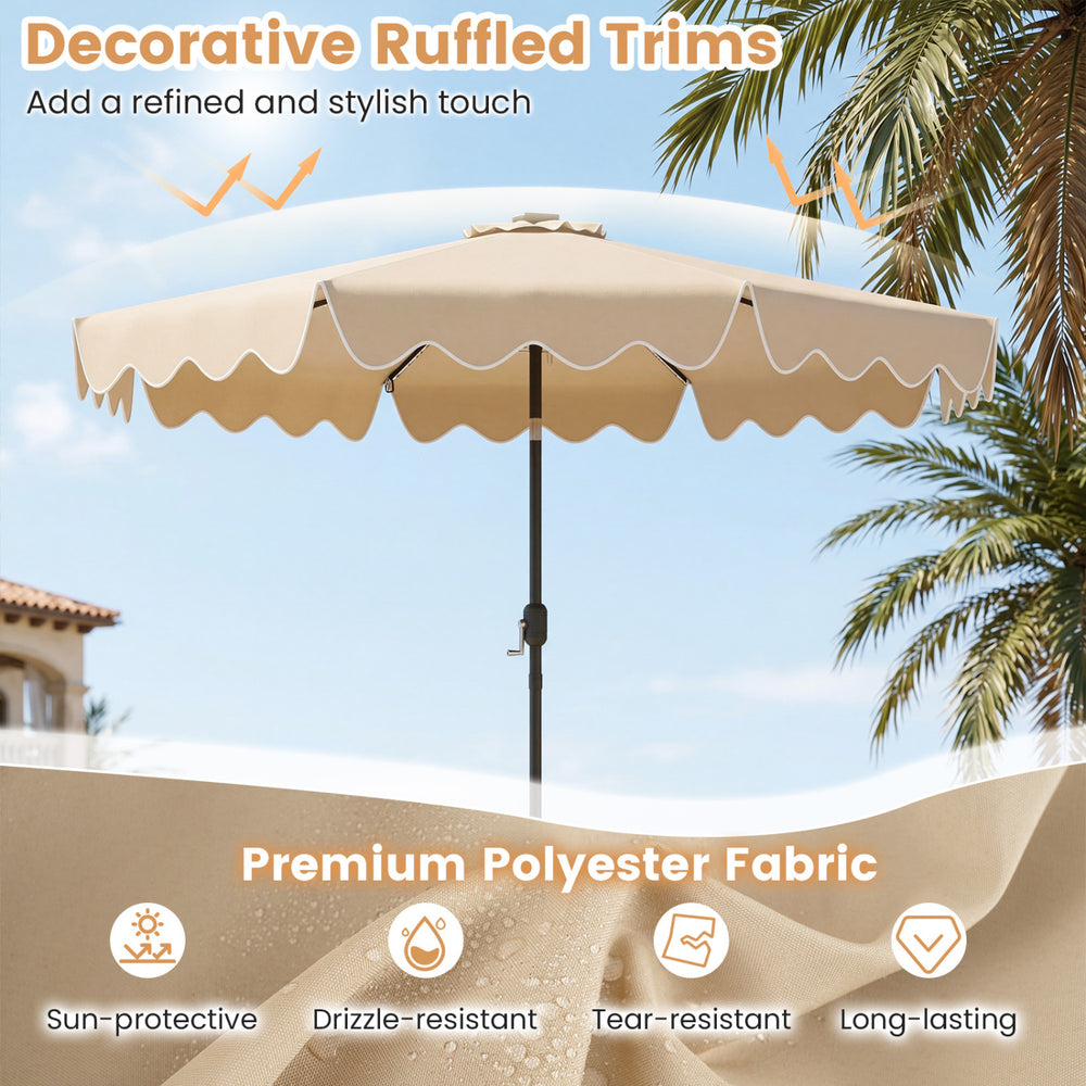 9 feet solar patio umbrella with decorative ruffled trims, made of premium polyester fabric, ideal for outdoor use.