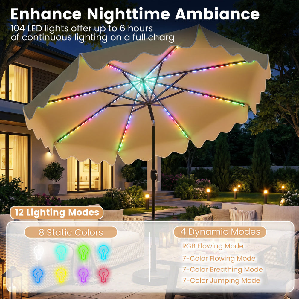 9 feet solar patio umbrella featuring color-changing LED lights, offering 12 lighting modes for outdoor ambiance.