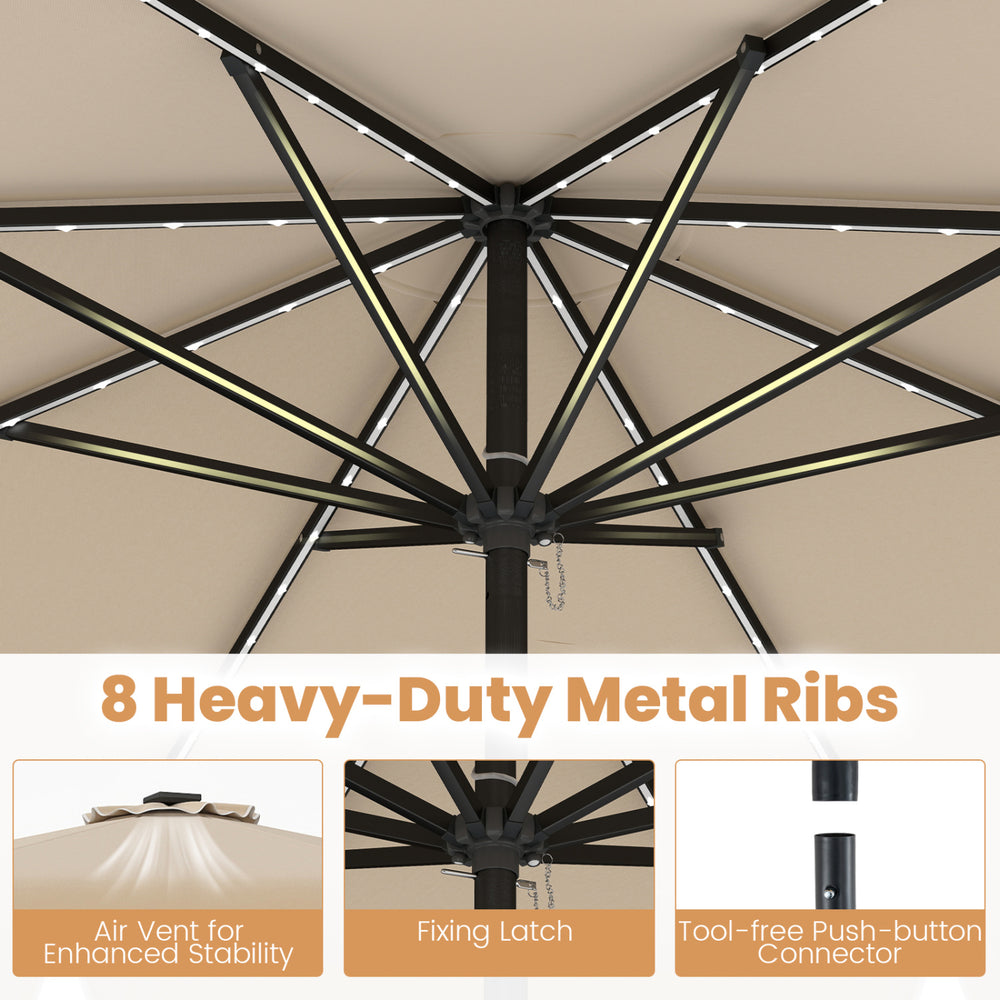 9-foot solar patio umbrella featuring 8 heavy-duty metal ribs and color-changing LED lights for outdoor enjoyment.