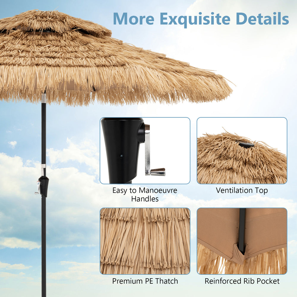 9-foot solar-powered tiki patio umbrella featuring premium PE thatch, ventilated top, and LED lights for nighttime use.