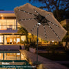 9-foot solar-powered thatched tiki patio umbrella with LED lights, ideal for outdoor shading and evening illumination.