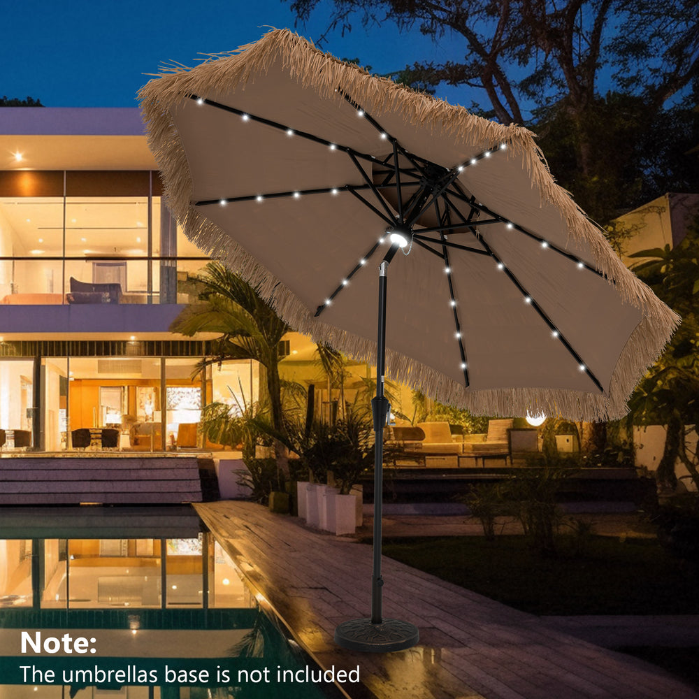 9-foot solar-powered thatched tiki patio umbrella with LED lights, ideal for outdoor shading and evening illumination.