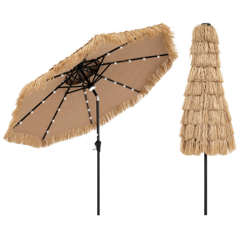 9-foot solar-powered thatched tiki patio umbrella with LED lights, featuring durable polyester fabric and a ventilated.