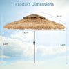 9.5 ft thatched tiki patio umbrella with solar-powered LED lights, featuring a ventilated top for cooling shade.