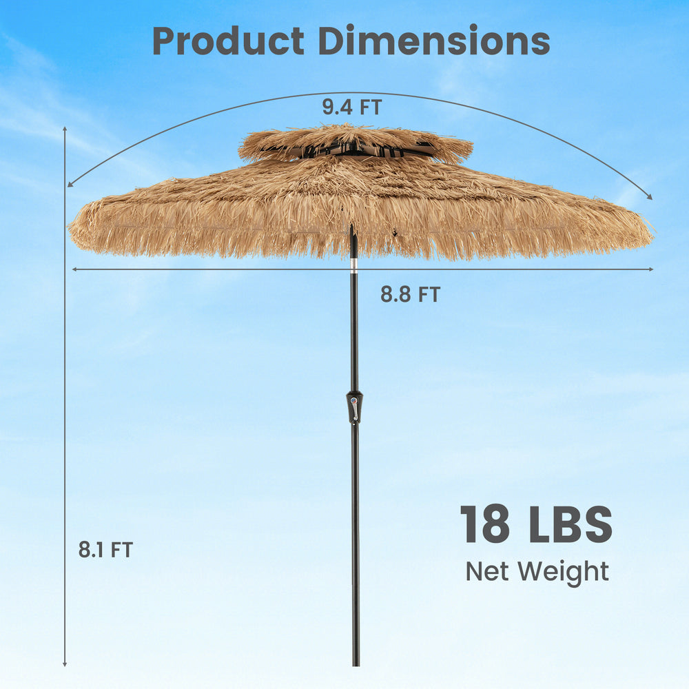 9-foot thatched tiki umbrella with 8 ribs, featuring a durable PE fabric and adjustable tilt for outdoor shading.