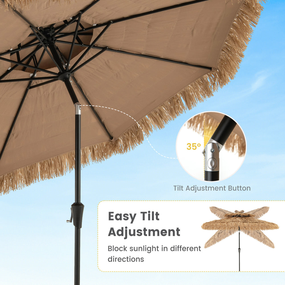 9-foot thatched tiki umbrella with tilt adjustment button and steel ribs, perfect for outdoor shading and decor.