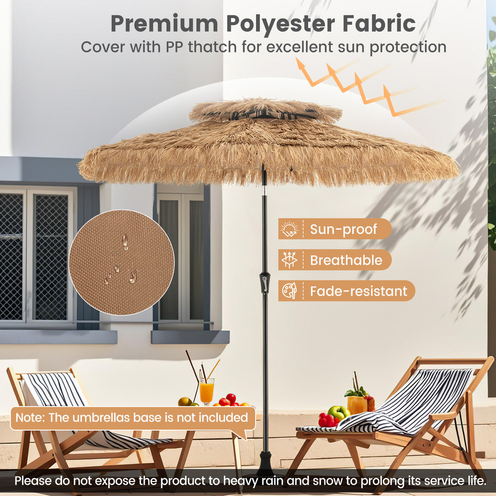 9 feet thatched tiki umbrella with a durable PE fabric canopy, featuring a manual crank and 8 steel ribs for stability.