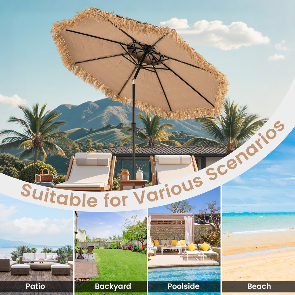 9 feet thatched tiki umbrella with 8 ribs, featuring a natural design, ideal for patio, poolside, or beach use.