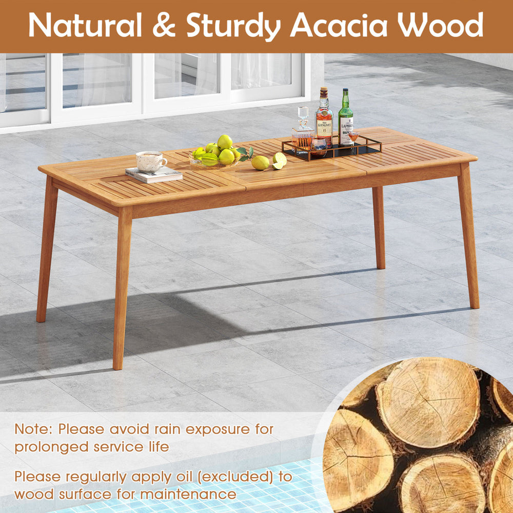 Spacious 80” rectangular acacia wood dining table with breathable fabric armchairs, perfect for outdoor patio gatherings.
