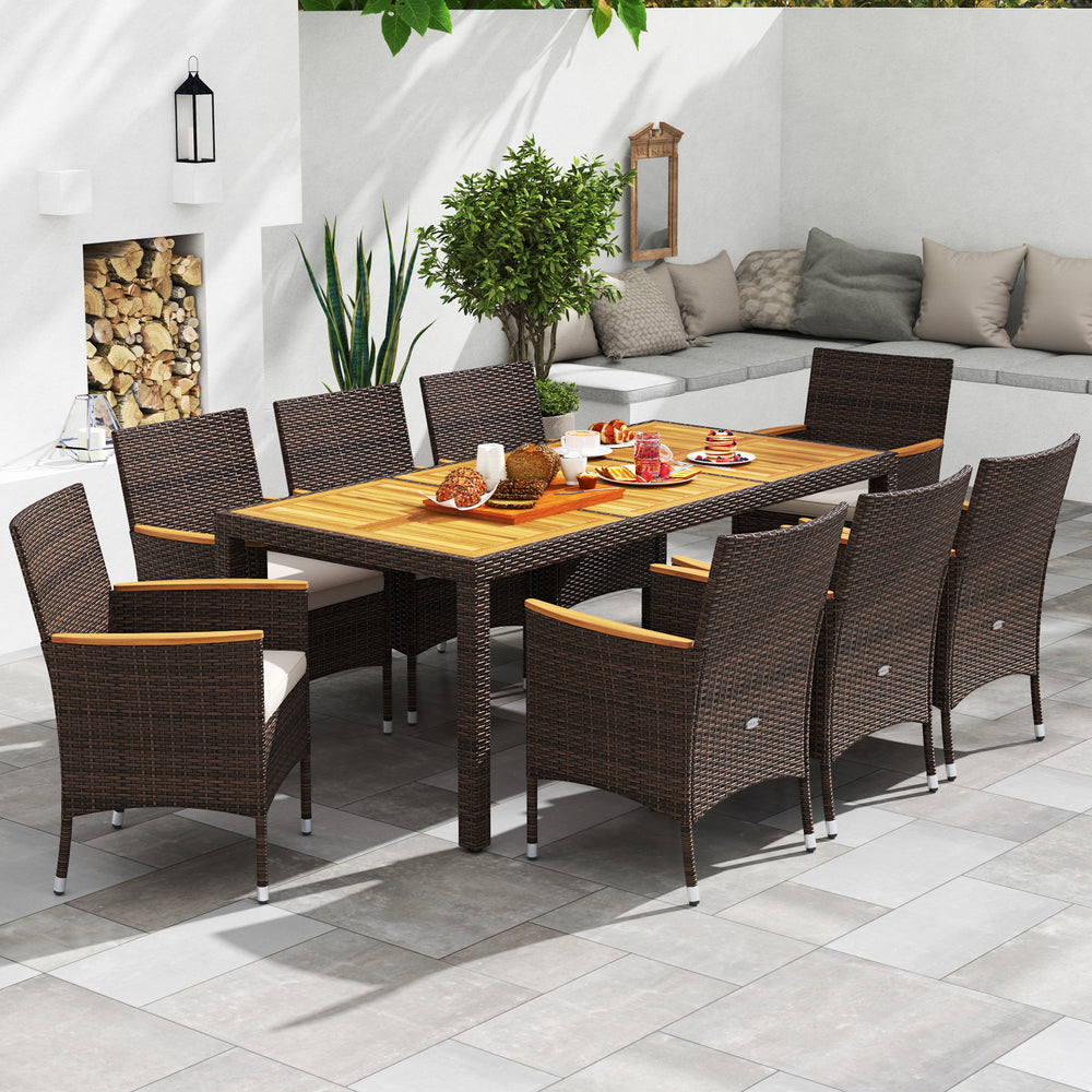 9 Piece Outdoor Dining Set with Acacia Wood Table Top-Beige - Gallery View 1 of 10