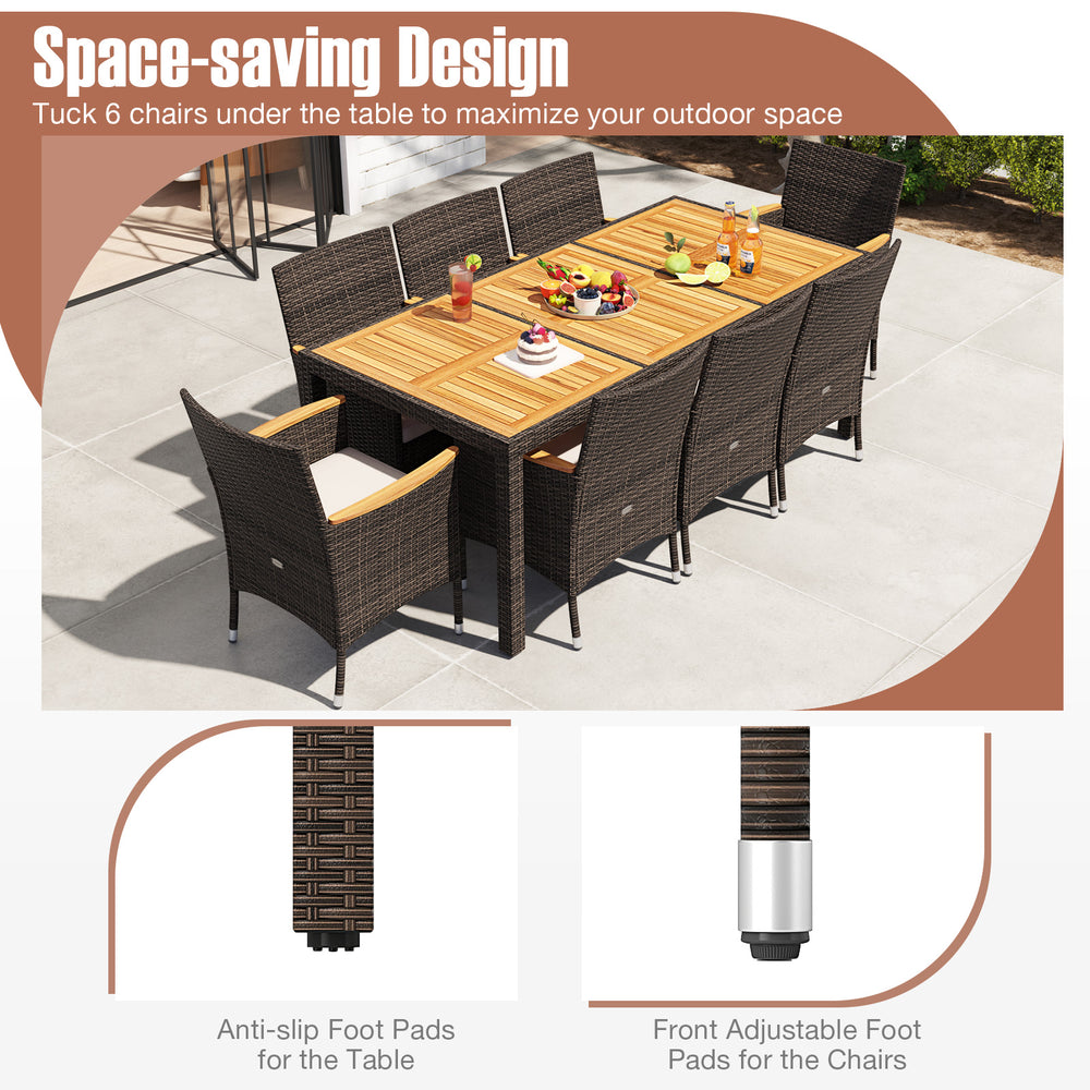 9-piece outdoor dining set featuring a beige acacia wood table and brown PE rattan chairs, perfect for outdoor meals.
