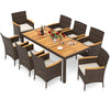 9-piece outdoor dining set featuring a beige acacia wood table top and brown PE rattan chairs with soft cushions.