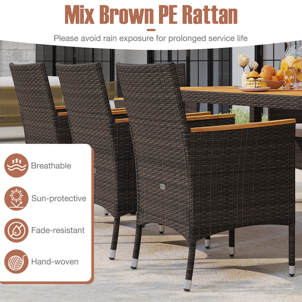 High backrest chairs with mix brown PE rattan and acacia wood table, perfect for outdoor dining and comfort.