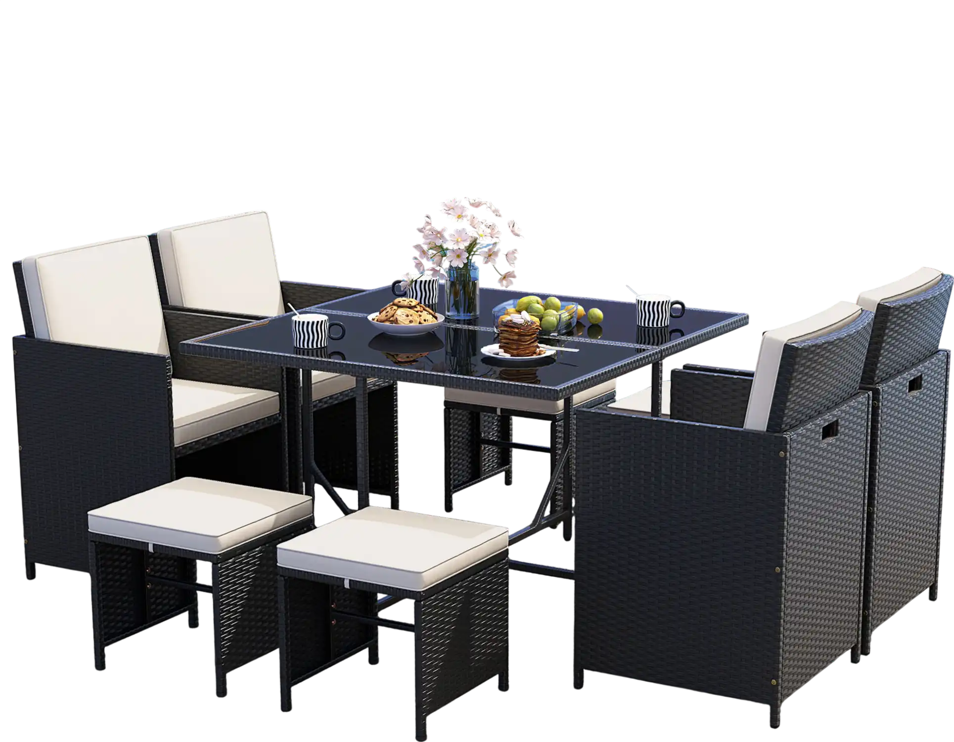 Costway 9-Piece Patio Dining Set Tempered Glass Table Ottoman White 679542381 New
