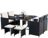 9-piece patio dining set featuring a tempered glass table, black PE rattan, and cushioned ottomans for outdoor.