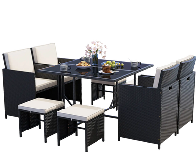 Costway 9-Piece Patio Dining Set Tempered Glass Table Ottoman White 679542381 New