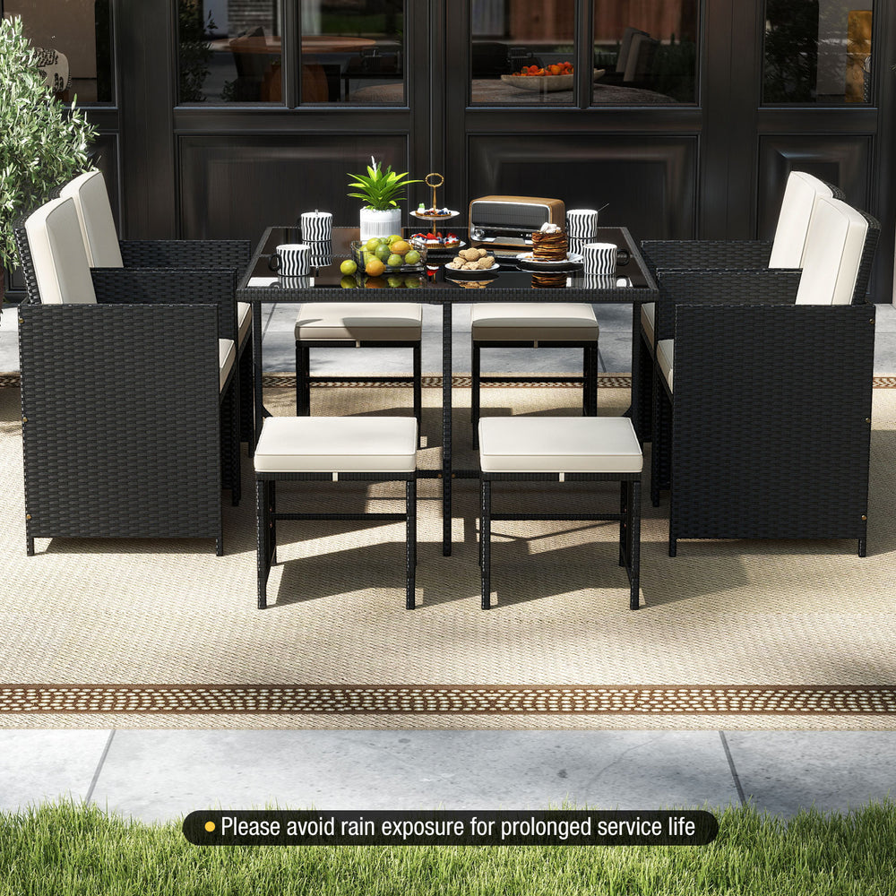 9 piece patio dining set featuring a tempered glass table and ottomans, ideal for outdoor gatherings and relaxation.