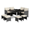 9-piece patio dining set featuring a tempered glass table, black PE rattan, and comfortable cushions for outdoor.
