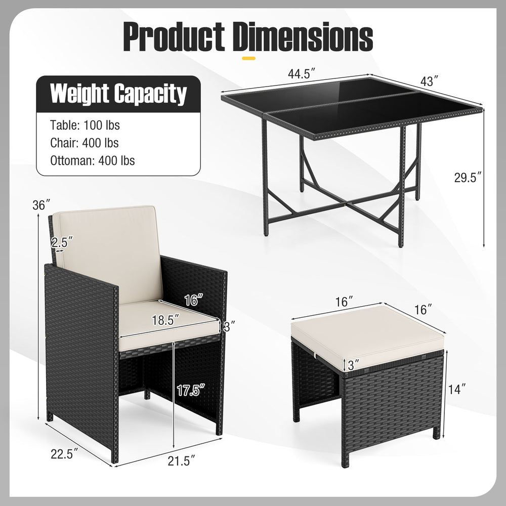 Dimensions of the 9 Piece Patio Dining Set with tempered glass table, chair, and ottoman for outdoor dining.