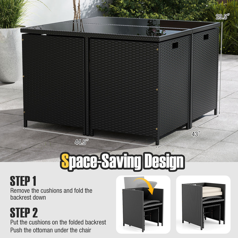 9-piece patio dining set featuring a tempered glass table and ottoman, designed for space-saving and outdoor comfort.