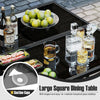 Large square dining table with tempered glass top and 10 suction cups for stability, ideal for patio or backyard dining.