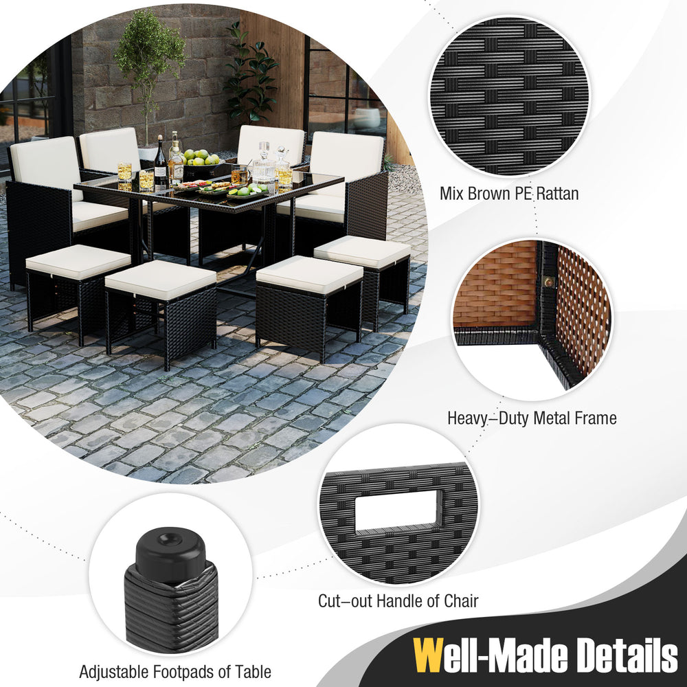 9-piece patio dining set featuring a tempered glass table, mix brown PE rattan, and adjustable footpads for stability.