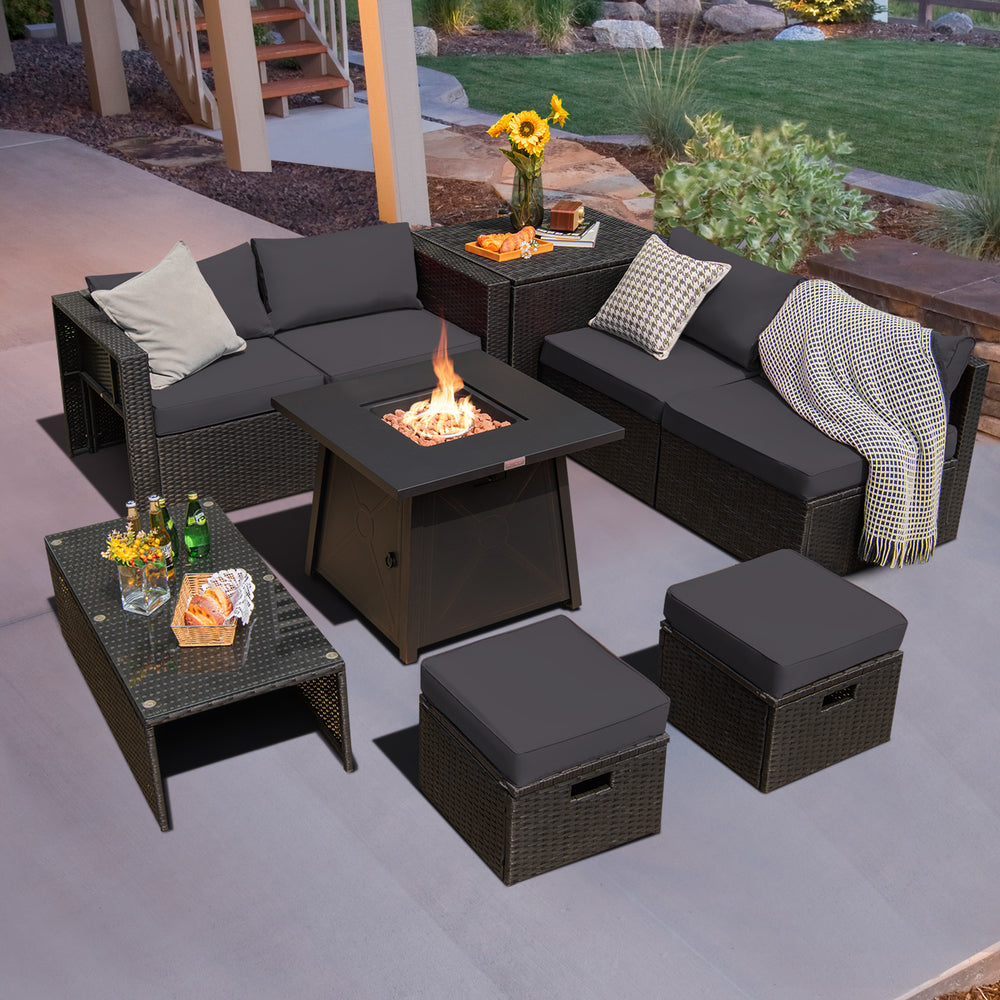 9 Piece Weatherproof Rattan Patio Conversation Set with 30 Inches Propane Fire Pit Table and Dust Covers-Gray - Gallery View 1 of 9
