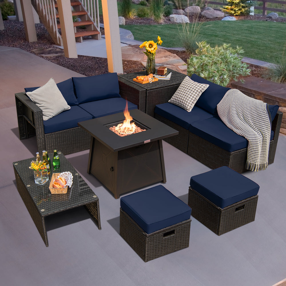9 Piece Weatherproof Rattan Patio Conversation Set with 30 Inches Propane Fire Pit Table and Dust Covers-Navy - Gallery View 1 of 9