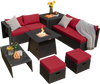 9-piece weatherproof rattan patio conversation set with red cushions and propane fire pit table for outdoor gatherings.