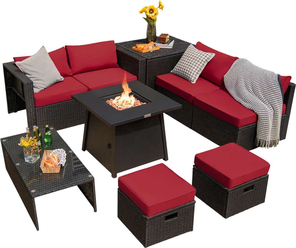 9-piece weatherproof rattan patio conversation set with red cushions and propane fire pit table for outdoor gatherings.