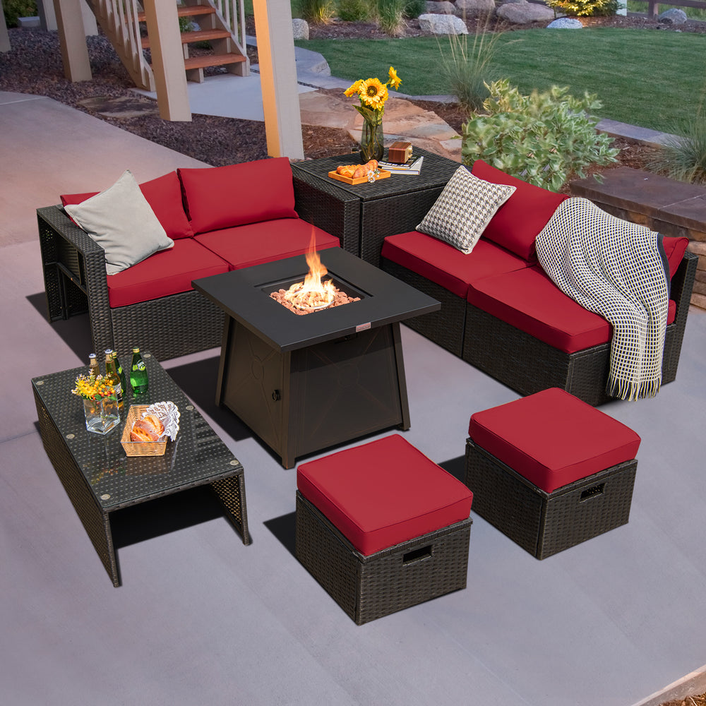9 Piece Weatherproof Rattan Patio Conversation Set with 30 Inches Propane Fire Pit Table and Dust Covers-Red - Gallery View 1 of 9