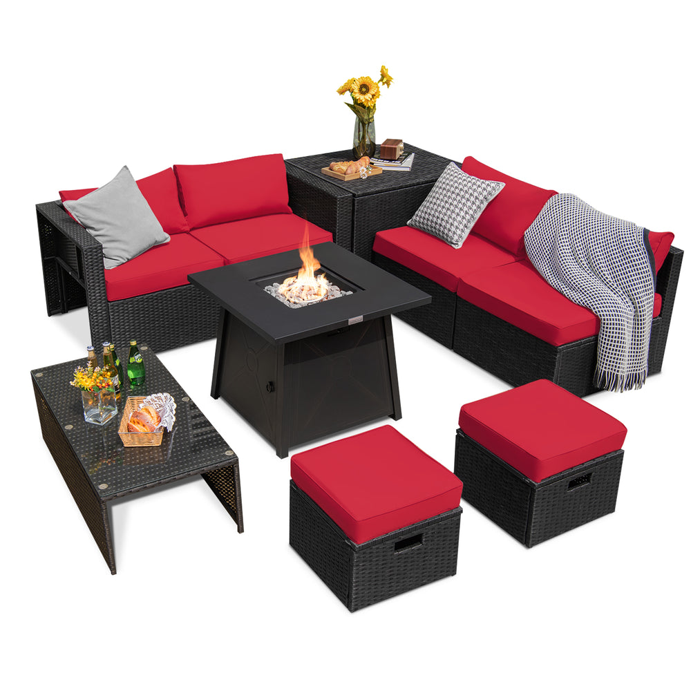 Red cushioned ottoman from the 9 Piece Weatherproof Rattan Patio Conversation Set, designed for versatile outdoor use.
