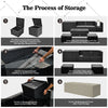 Storage process for the 9-piece weatherproof rattan patio set with cushions and fire pit table, featuring compact.