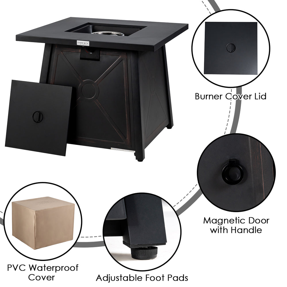 Close-up of the propane fire pit table with burner cover lid, adjustable foot pads, and magnetic door for storage.