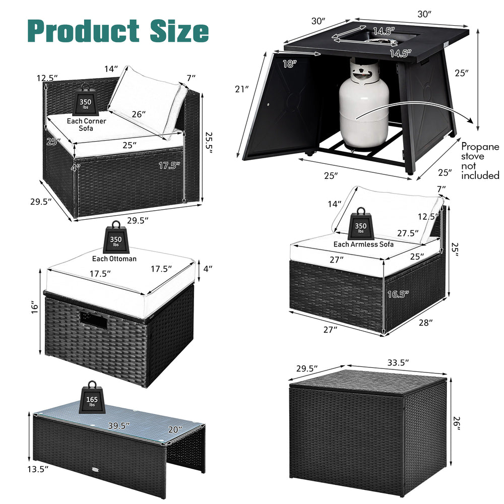 Detailed size chart for the 9 Piece Weatherproof Rattan Patio Conversation Set with propane fire pit table.