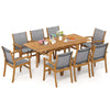 9-piece acacia wood patio dining set with expandable table and ergonomic chairs, perfect for outdoor gatherings.