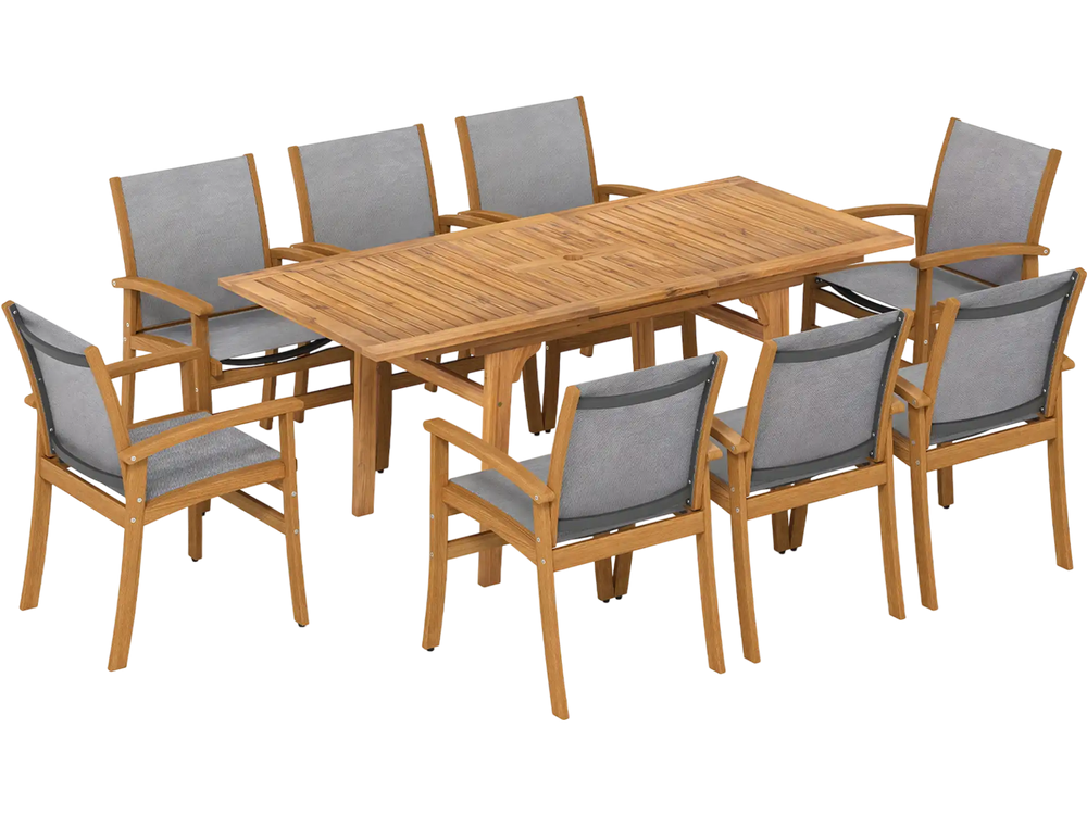 9-piece acacia wood patio dining set with expandable table and ergonomic chairs, ideal for outdoor gatherings.