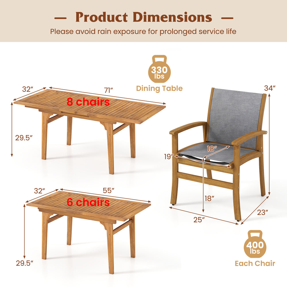 Dimensions of the 9-piece acacia wood patio dining set, suitable for 6-8 people, with expandable table and ergonomic.