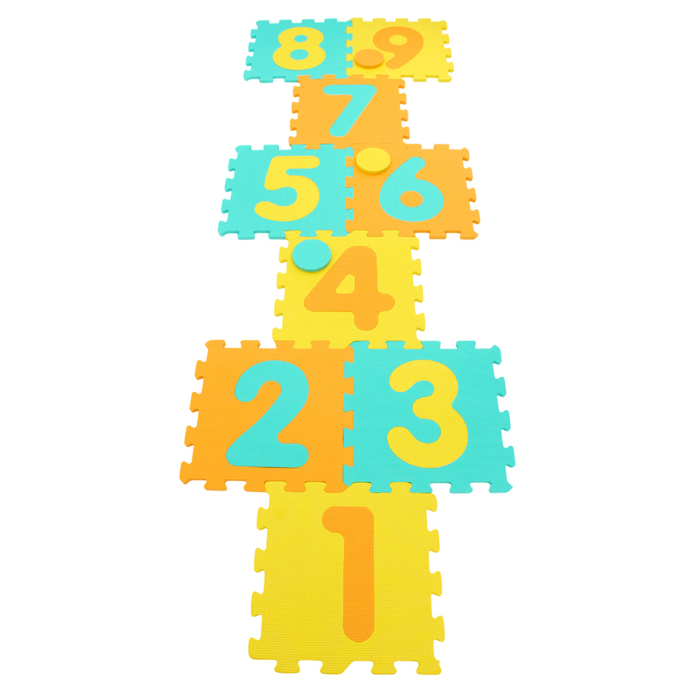 Colorful interlocking foam puzzle floor mat with numbers 1-9 and 3 marker discs for interactive play and early math.