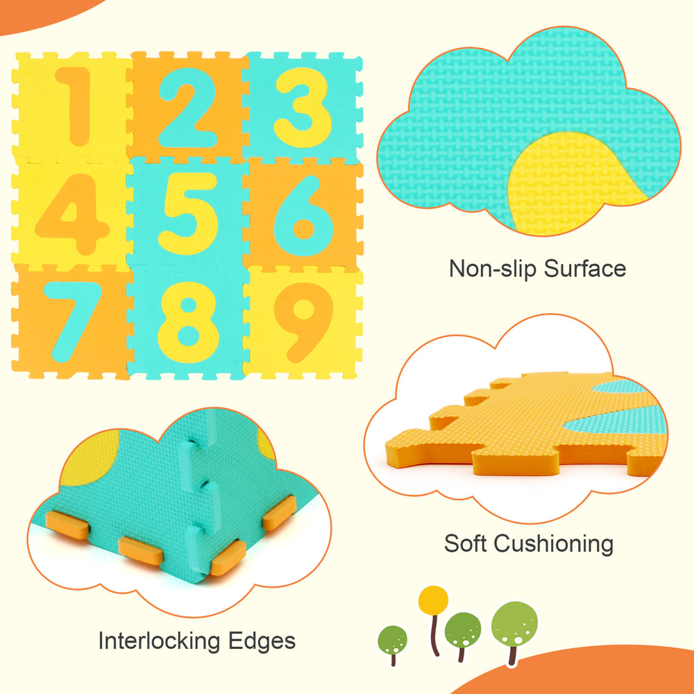 Colorful interlocking foam puzzle mat with numbers, non-slip surface, and soft cushioning for kids' play areas.